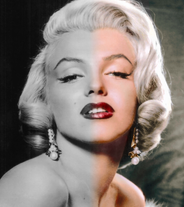 A portrait fading from black and white to colored.